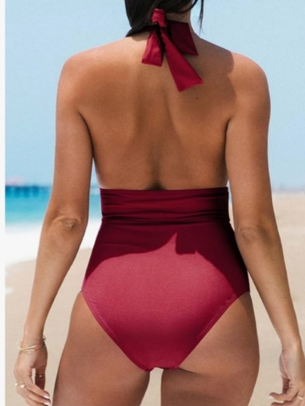 CUPSHE V- Neck One Piece Halter Backless Ruched Tummy Control Swimsuit. NEW! - Picture 7 of 10
